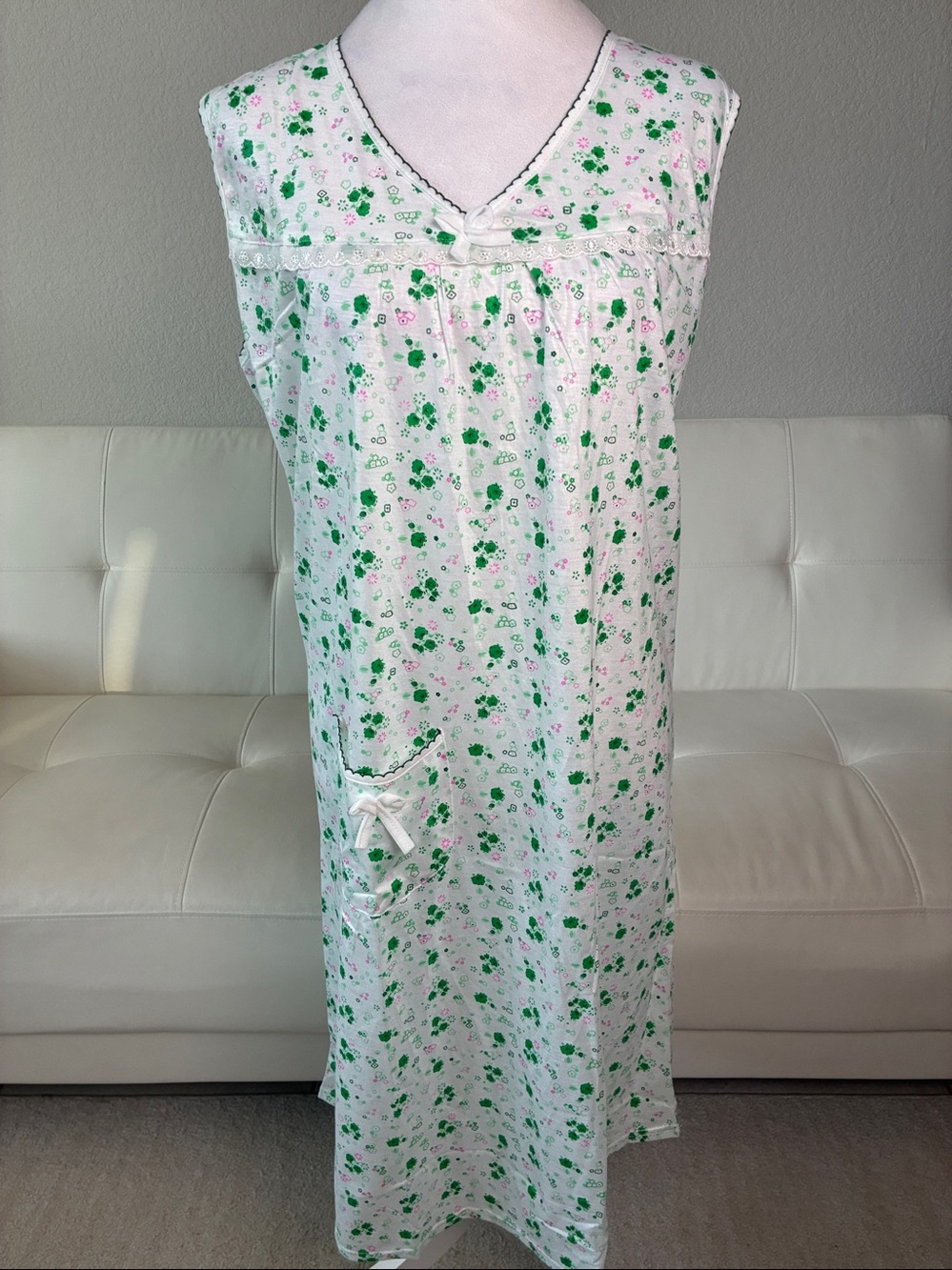 Cottage Core Nightgown in White with Green Floral Accents by GK